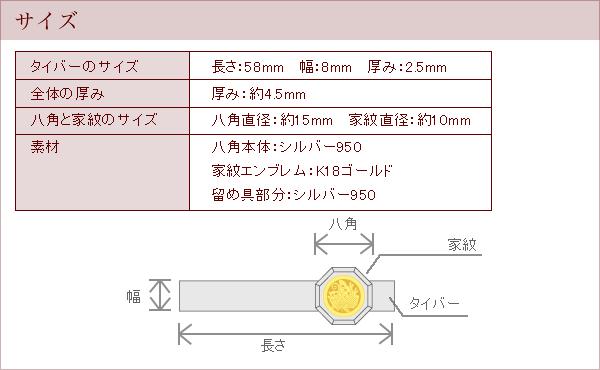 家紋タイバー・八角　ゴールドエンブレム　サイズ